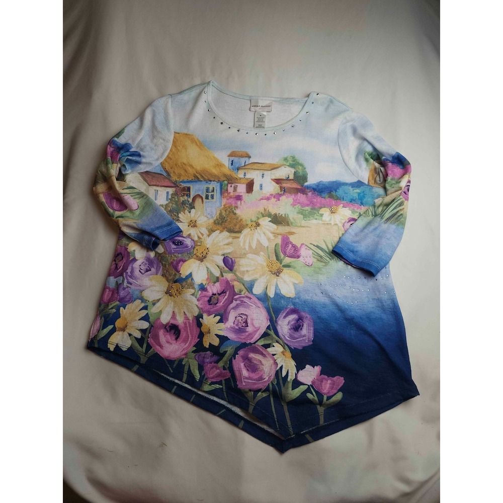 Alfred Dunner Top Womens M Tuscan Landscape Floral Boho Cottagecore Resortwear